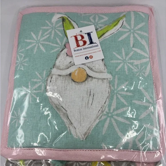 🟣 Bunny Gnome Oven Mitt and Pot Holder NWT Gray, Pastel Pink and Pastel Green - Picture 3 of 5